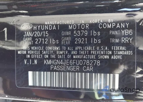 2015 Hyundai Genesis 3.8 from USA, damaged, VIN KMHGN4JE6FU078278